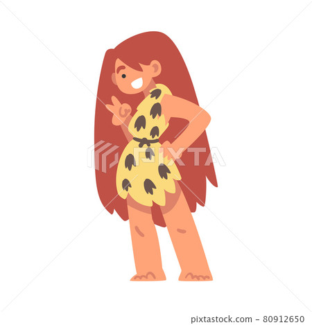 Standing Primitive Woman Character from Stone Age Wearing Animal Skin Showing V Sign Vector Illustration Standing Primitive Woman Character from Stone Age Wearing Animal Skin Showing V Sign Vector Illustration 80912650
