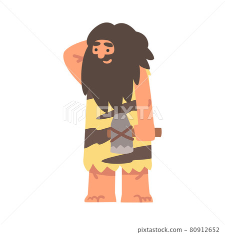 Primitive Man Character from Stone Age Wearing Animal Skin and Holding Hatchet Vector Illustration Primitive Man Character from Stone Age Wearing Animal Skin and Holding Hatchet Vector Illustration 80912652