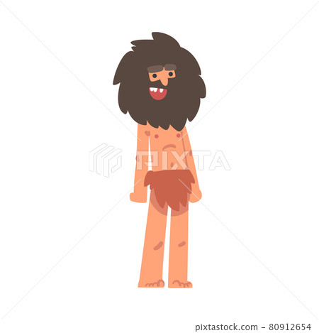 Standing Primitive Bearded Man Character from Stone Age Wearing Animal Skin Vector Illustration 80912654