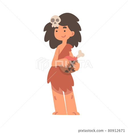 Standing Primitive Woman Character from Stone Age Wearing Animal Skin Holding Bowl with Meat Vector Illustration 80912671