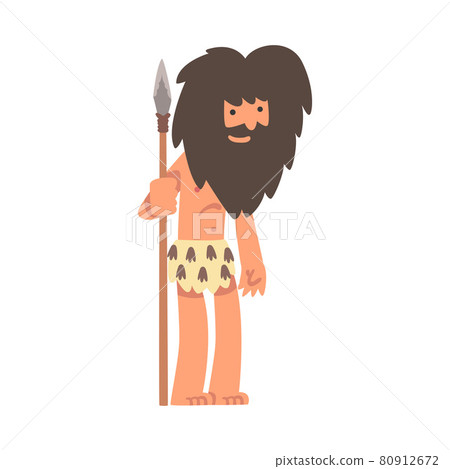 Primitive Man Character from Stone Age Wearing Animal Skin and Holding Spear Vector Illustration 80912672