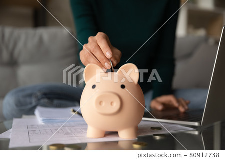 Close up woman putting coin into piggy bank, investment concept Close up woman putting coin into piggy bank, investment concept 80912738