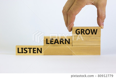 Listen, learn and grow symbol. Wooden blocks with concept words listen, learn, grow. Beautiful white background. Businessman hand, copy space. Business, educational and listen, learn, grow concept. 80912779