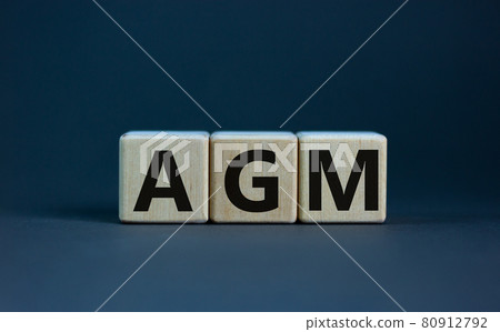 AGM symbol. Concept word 'AGM' - 'annual general meeting' on cubes on a beautiful wooden table. White background. Business and annual general meeting AGM concept, copy space. 80912792