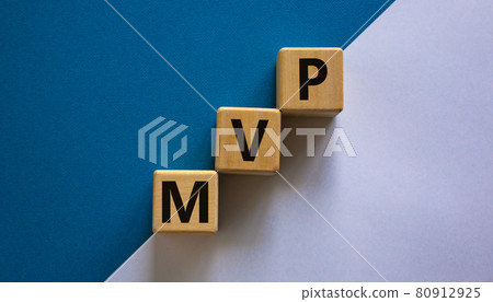 MVP, minimum viable product symbol. Wooden cubes with the word MVP, minimum viable product. Beautiful white and blue background. Business and MVP, minimum viable product concept, copy space. 80912925