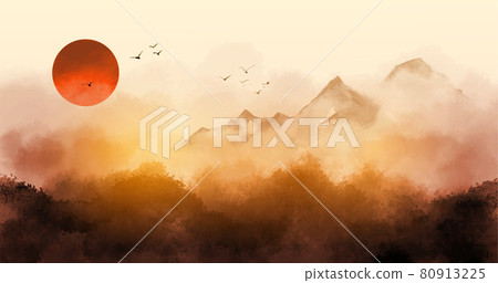 Sunrise landscape with misty forest, distant mountains and sunrise sky. Traditional oriental ink painting sumi-e, u-sin, go-hua. Sunrise landscape with misty forest, distant mountains and sunrise sky. Traditional oriental ink painting sumi-e, u-sin, go-hua. 80913225