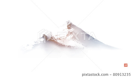 Distant misty mountains hand drawn with ink in simple and clean minimalist style. Traditional oriental ink painting sumi-e, u-sin, go-hua.Translation of hieroglyph - zen 80913235