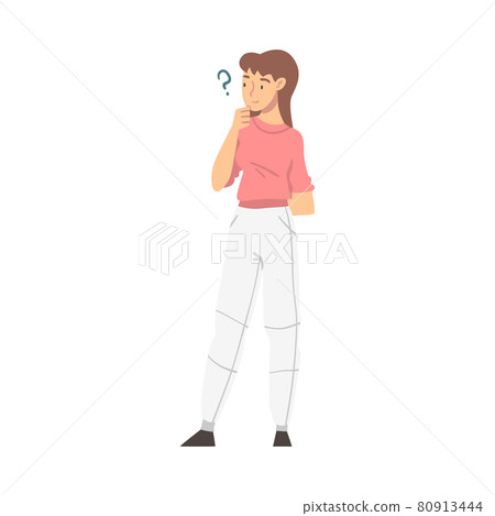 Thoughtful Woman Character and Question Mark Thinking Over the Matter Full Height Vector Illustration 80913444