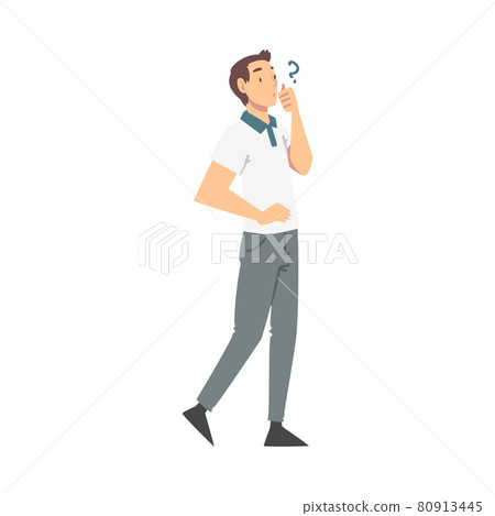 Thoughtful Man Character and Question Mark Thinking Over the Matter Vector Illustration 80913445