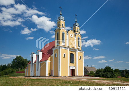 Old ancient church of the Transfiguration of the Lord and  Blessed Virgin Mary in Krevo, Grodno region, Belarus. 80913511