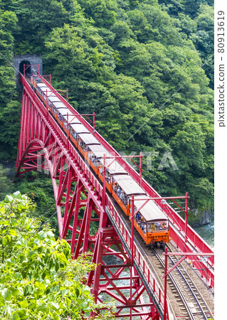 Fresh green Kurobe Gorge, trolley train seen from Yamabiko Observatory 80913619