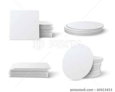 Realistic Round and square table coasters mockup set. 80913853