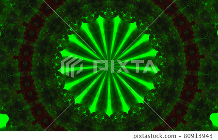 Psychedelic ornament kaleidoscope. Bright neon forms. Green nature illustration. Abstract glowing pattern. Indian, Korean, Arabic ornament. Good for wrapping paper, backgrounds, wallpaper, prints. 80913943