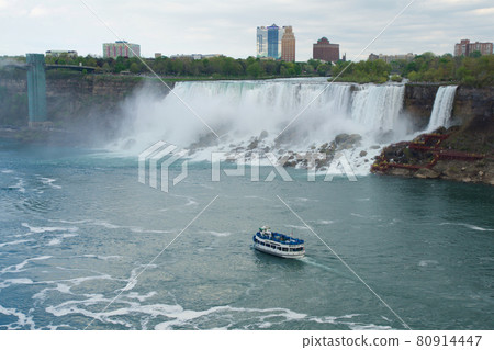 NIAGARA FALLS, ONTARIO, CANADA - MAY 20th 2018: View of the American Falls is the second-largest of the three waterfalls that together are known as Niagara Falls on the Niagara River along the Canada 80914447