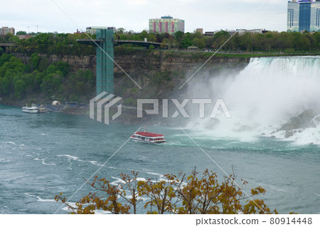 NIAGARA FALLS, ONTARIO, CANADA - MAY 20th 2018: View of the American Falls is the second-largest of the three waterfalls that together are known as Niagara Falls on the Niagara River along the Canada NIAGARA FALLS, ONTARIO, CANADA - MAY 20th 2018: View of the American Falls is the second-largest of the three waterfalls that together are known as Niagara Falls on the Niagara River along the Canada 80914448