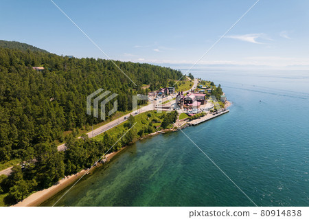 The Angara River in Siberia leaving Lake Baikal near the settlement of Listvyanka. Panoramic aerial view. 80914838