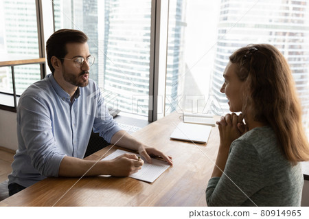Employer, recruiter, hr manager interviewing job candidate Employer, recruiter, hr manager interviewing job candidate 80914965