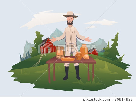 A beekeeper sells honey and other bee products at the fair. Organic Food Market. Vector illustration. 80914985