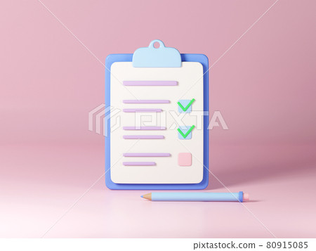 Checklist on clipboard paper, 3d render illustration. Notebook with checked tasks. Concept of online survey, exam note, business contract, research form, evaluation document, questionnaire 80915085