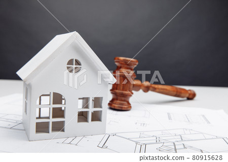 White house close-up, drawing and judges gavel on grey background White house close-up, drawing and judges gavel on grey background 80915628