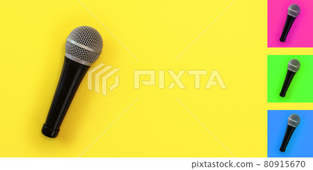 Top down view, microphone on yellow board with space for text on right. Background colour can be easily changed with hue/saturation tool. Top down view, microphone on yellow board with space for text on right. Background colour can be easily changed with hue/saturation tool. 80915670