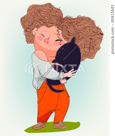cute plump curly haired girl with cat cute plump curly haired girl with cat 80915681