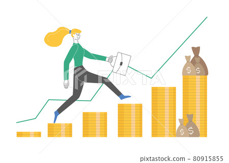 Investor portfolio as financial work. Business woman is climbing stairs from stacks of coins toward her financial goal. Vector illustration for finance, stock trading, investment concept. 80915855