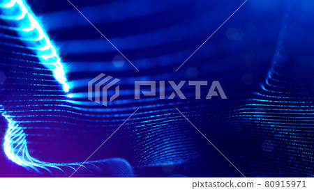 3d rendering background of microworld or sci-fi theme with glowing particles form curved lines, 3d surfaces, grid structures with depth of field, bokeh. Deep blue wave forms 80915971