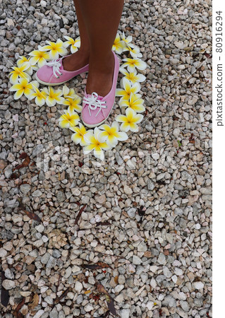 Female feet in pink shoes standing in a heart made of flowers. Female feet in pink shoes standing in a heart made of flowers. 80916294