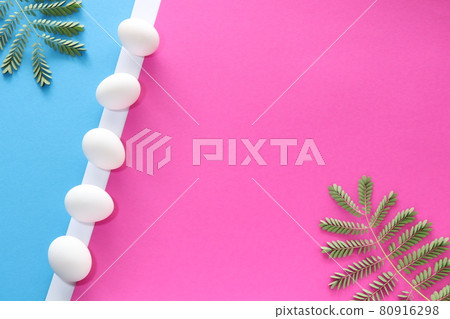 White chicken eggs with leaves on blue and pink background. Easter concept White chicken eggs with leaves on blue and pink background. Easter concept 80916298