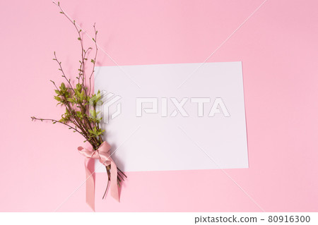 Twigs with first leaves tied with a ribbon on a white blank paper. Mock up Twigs with first leaves tied with a ribbon on a white blank paper. Mock up 80916300