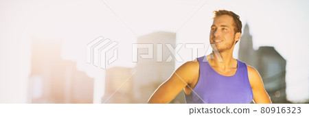 Healthy sports athlete man runner banner panorama with city background. Healthy sports athlete man runner banner panorama with city background. 80916323