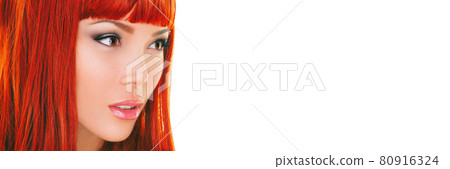Hair copper color model Asian redhead woman with dyed hair colored for hair coloring beauty salon concept. Panoramic banner white background 80916324