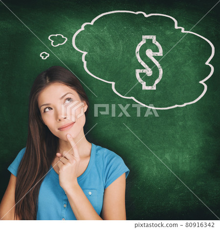 Thought bubble dollar sign drawing young Asian woman thinking of money saving budget how to make profit idea. Illustration on green chalkboard background. Black Friday or Cyber Monday sale shopping 80916342
