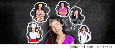 Career choice options student thinking of future job choosing college education for work. Young Asian woman dreaming of choices looking up at thought bubbles on blackboard with different professions 80916343