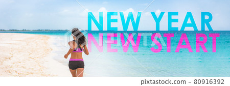 NEW YEAR NEW START panoramic banner motivational inspirational quote for New Year 2020 resolution in fitness quote. Happy fit woman running for weight loss challenge panorama. NEW YEAR NEW START panoramic banner motivational inspirational quote for New Year 2020 resolution in fitness quote. Happy fit woman running for weight loss challenge panorama. 80916392