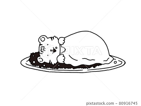 Hand-painted monochrome illustration of a happy tiger sleeping on omelet rice Hand-painted monochrome illustration of a happy tiger sleeping on omelet rice 80916745