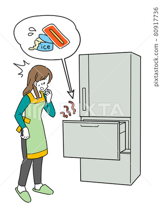 Illustration of a broken fridge and a shocked housewife 80917736