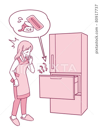 Illustration of a broken fridge and a shocked housewife 80917737