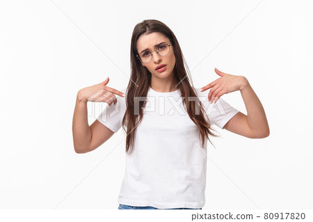 Portrait of boastful cool sassy brunette girl in glasses, pointing at herself with arrogant, confident expression, being professional, promote own abilities, bragging achievement, white background 80917820