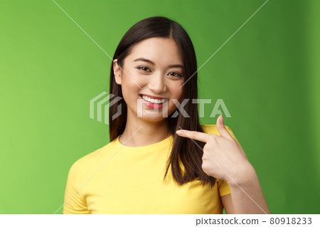 Close-up joyful proud asian assertive girl introduce herself, pointing own face smiling joyfully, boastful telling own achievement, bragging accomplishment, assure can deal with work Close-up joyful proud asian assertive girl introduce herself, pointing own face smiling joyfully, boastful telling own achievement, bragging accomplishment, assure can deal with work 80918233