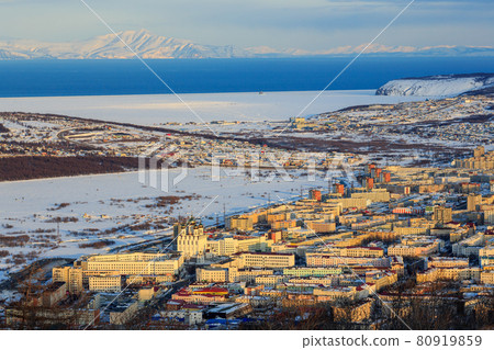 Top view of the city of Magadan. Far East of Russia. Top view of the city of Magadan. Far East of Russia. 80919859