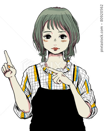 一個女人用手指指著左上角 80920562