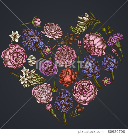 Heart floral design on dark background with peony, carnation, ranunculus, wax flower, ornithogalum Heart floral design on dark background with peony, carnation, ranunculus, wax flower, ornithogalum 80920708