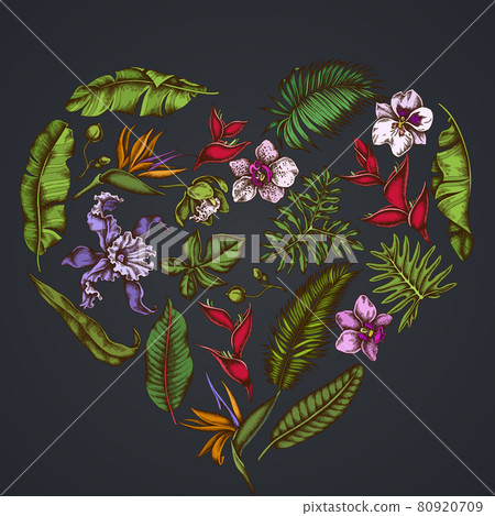 Heart floral design on dark background with monstera, banana palm leaves, strelitzia, heliconia Heart floral design on dark background with monstera, banana palm leaves, strelitzia, heliconia 80920709