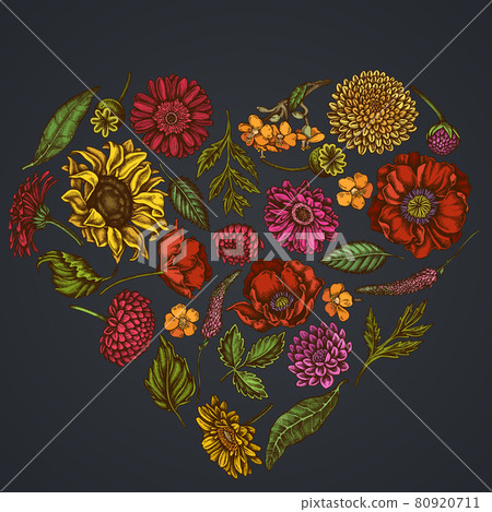 Heart floral design on dark background with poppy flower, gerbera, sunflower, milkweed, dahlia 80920711