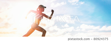 Runner sprinting silhouette training cardio exercise in summer outdoor panoramic banner. Athlete running outside in sunset clouds. Active lifestyle workout fitness lifestyle. Banner panorama 80924375