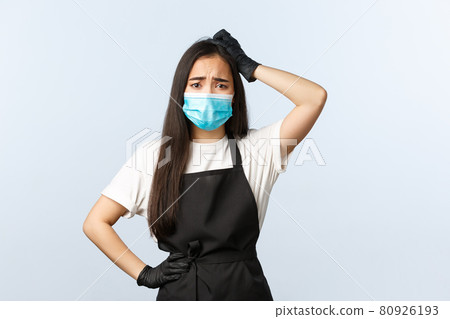 Covid-19, social distancing, small coffee shop business and preventing virus concept. Puzzled indecisive, frowning asian employee dont know what do, scratch head troubled, wear mask and gloves Covid-19, social distancing, small coffee shop business and preventing virus concept. Puzzled indecisive, frowning asian employee dont know what do, scratch head troubled, wear mask and gloves 80926193