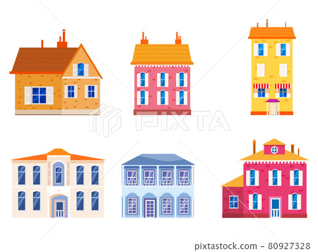 Set houses cottage home front view, colorful real estate. Cartoon urban buildings, vector illustration Set houses cottage home front view, colorful real estate. Cartoon urban buildings, vector illustration 80927328