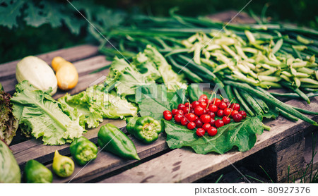 Freshly harvested vegetables and berries lie on wooden pallet 80927376